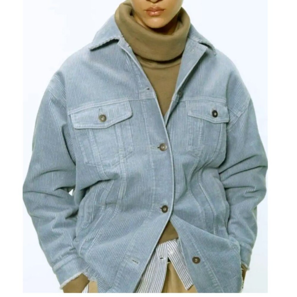 Zara Oversized Corduroy Trucker Jacket Womens XS Baby Blue Raw Hem Gorpcore 90s - Picture 2 of 14